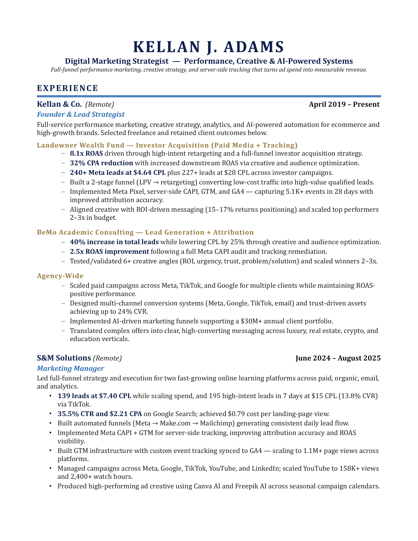 Kellan J. Adams resume, page 1 of 2